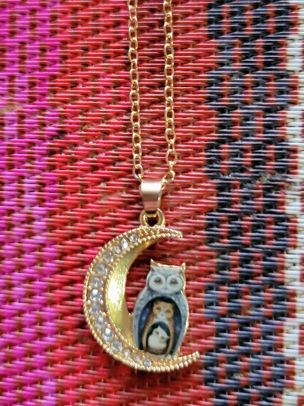 NWOT Gold-Tone Owl Moon Pendant Necklace - White and Gold